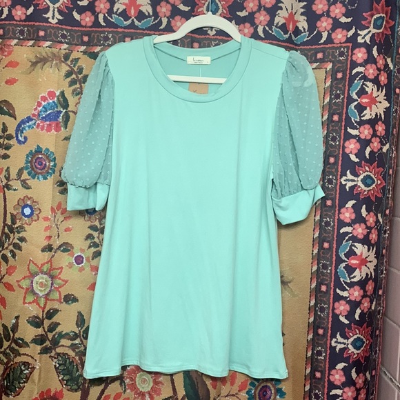 NWT les amis mint green, puff sleeve sheer with polka dots - Picture 4 of 4